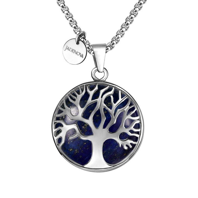 JADENOVA Family Tree Necklace Tree of Life Synthetic Lapis Lazuli Gemstone Crystal Pendant Necklace 24 Inches Stainless Steel Chain - Image 1